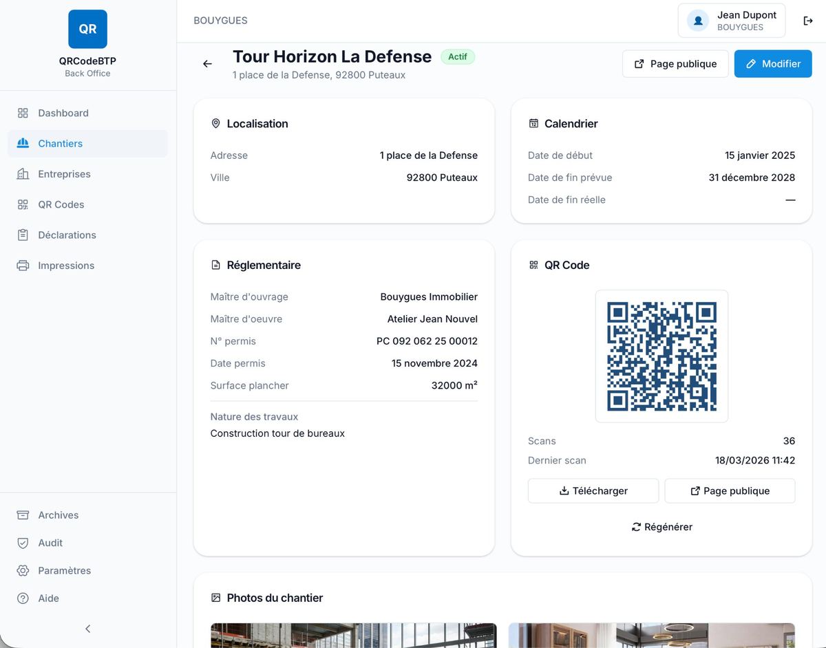 Back-office QRCodeBTP - Fiche chantier détaillée avec QR code, réglementaire et calendrier