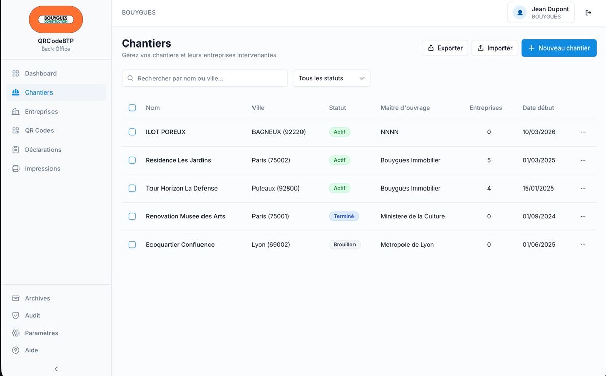 Tableau de bord QRCodeBTP - Liste des chantiers avec statuts