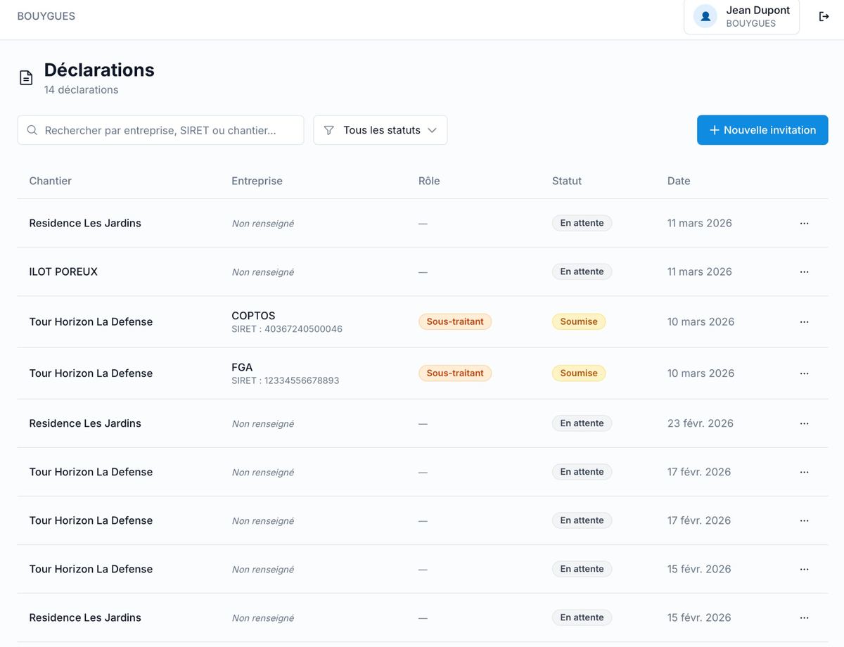 Page déclarations QRCodeBTP - Suivi des sous-traitants